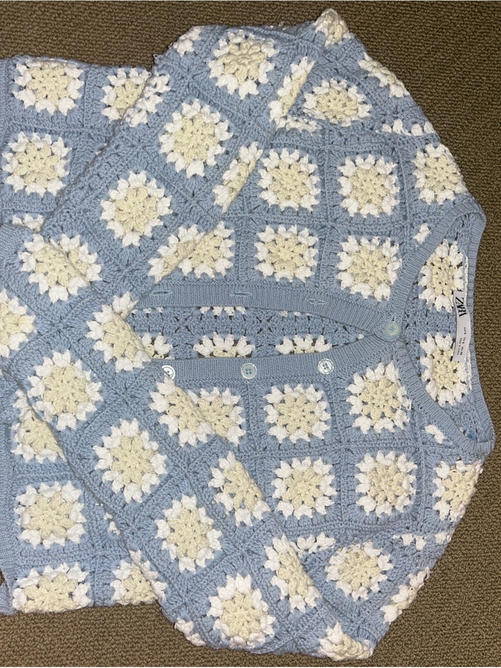 Zara Light Blue & Cream Crochet Square-Panel Cardigan - Picture 2 of 4